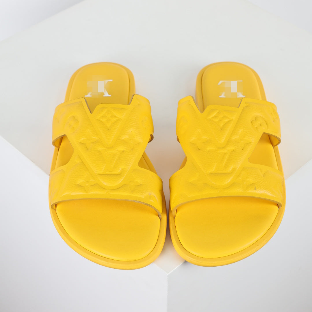 L***V Lemon Yellow Smooth Leather H-Strap Multi-Band Oasis Flat Slide Sandals — Spring Summer Boutique Limited Edition