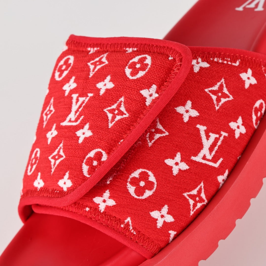 L***V Black White Monogram Woven Jacquard Slip-On Wide Strap Miami Slide Sandals — Spring Summer Boutique Limited Edition