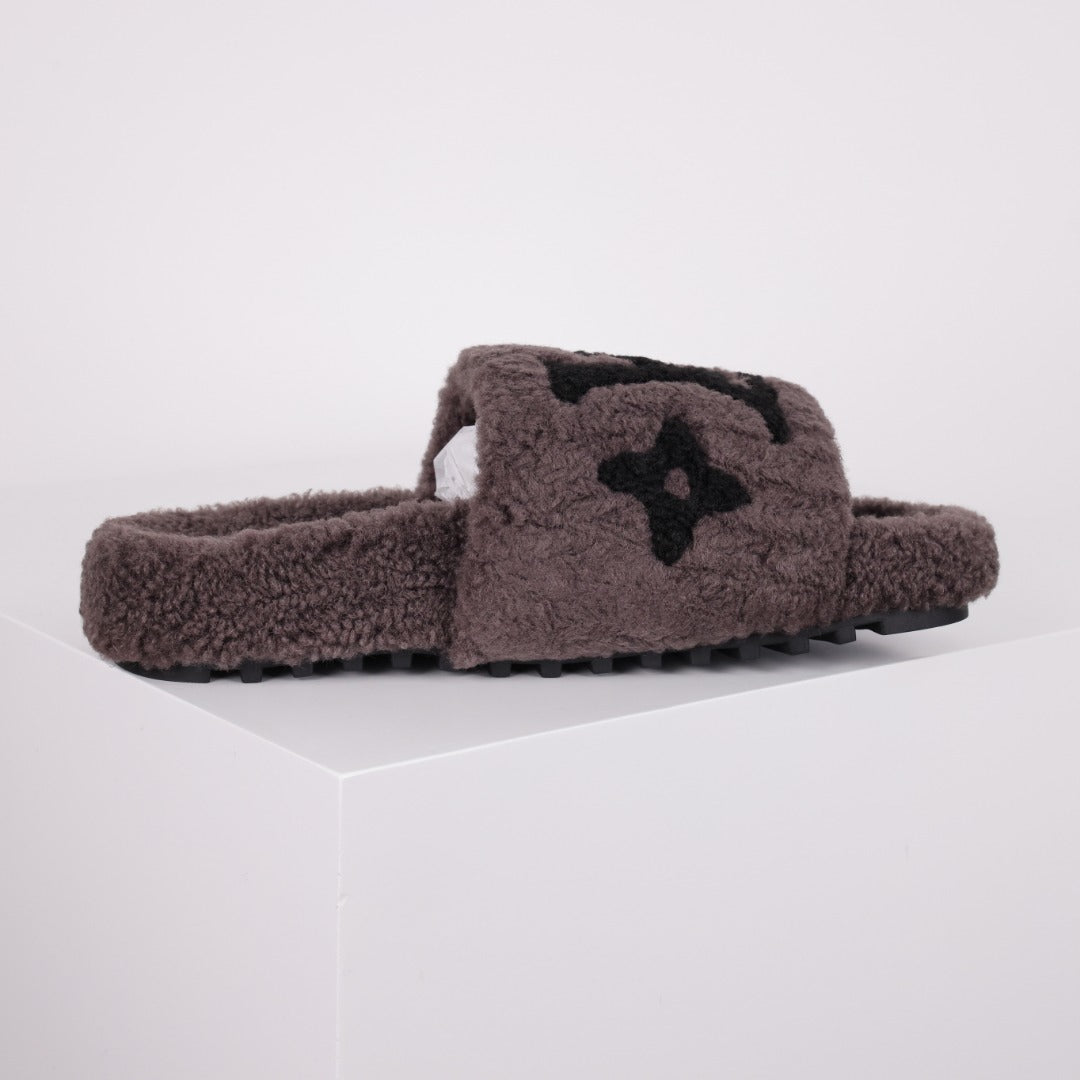 L***V Dark Chocolate Brown Tonal Monogram Shearling Lambswool Double Strap Slide Sandals — Autumn Winter Boutique Limited Edition