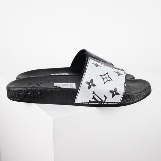 L***V White Black Grey Giant Monogram Waterfront Wide Strap Slide Sandals — Spring Summer Boutique Limited Edition