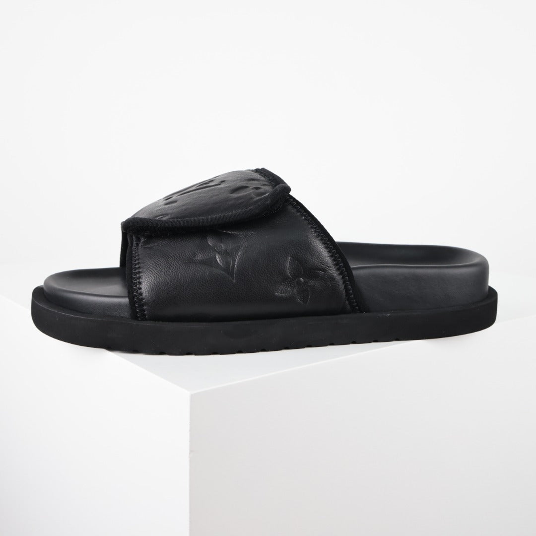 L***V All-Black Inflated Pillow Leather Velcro Adjustable Wide Strap Miami Slide Sandals — Spring Summer Boutique Limited Edition