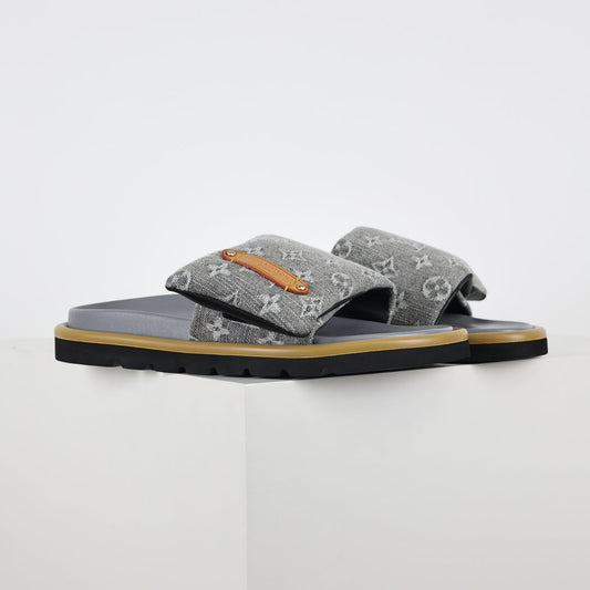 L***V Grey Denim Monogram Canvas Leather Buckle Strap Wide Band Platform Slide Sandals — Spring Summer Boutique Limited Edition