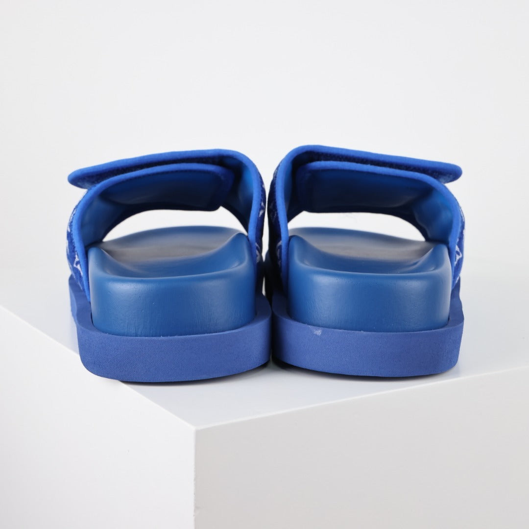 L***V Royal Blue Monogram Jacquard Velcro Adjustable Wide Strap Miami Slide Sandals — Spring Summer Boutique Limited Edition