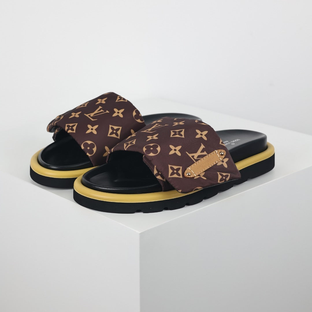 L***V Brown Classic Monogram Canvas Gold Safety Pin Platform Slide Sandals — 2024 Spring Summer Boutique Limited Edition