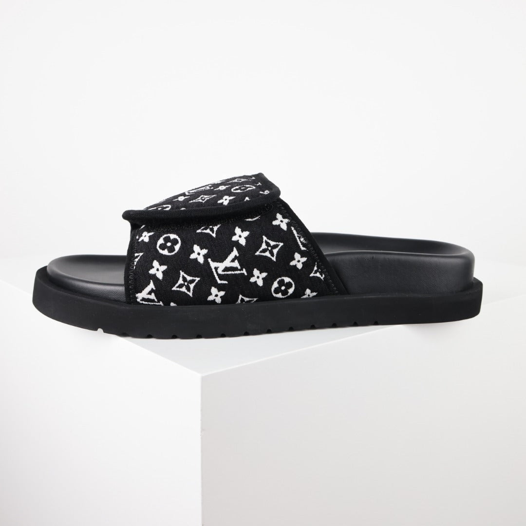 L***V Black White Monogram Woven Jacquard Slip-On Wide Strap Miami Slide Sandals — Spring Summer Boutique Limited Edition