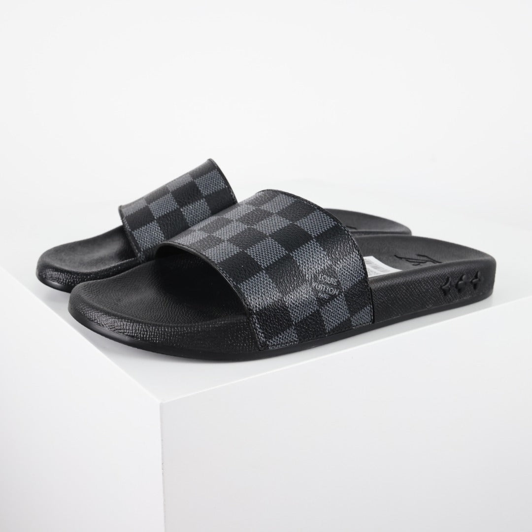 L***V Damier Graphite All-Black Waterfront Wide Strap Slide Sandals — Spring Summer Boutique Limited Edition