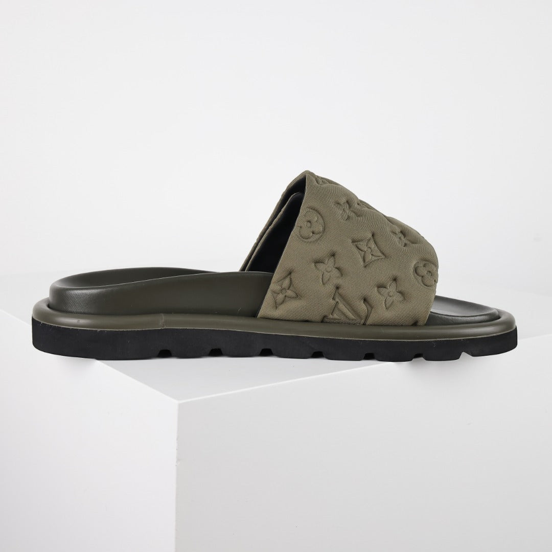 L***V Monogram Embossed Velvet Slide Sandals — Tonal Wide Band Slip-On Pool Beach Slippers (5 Colors)