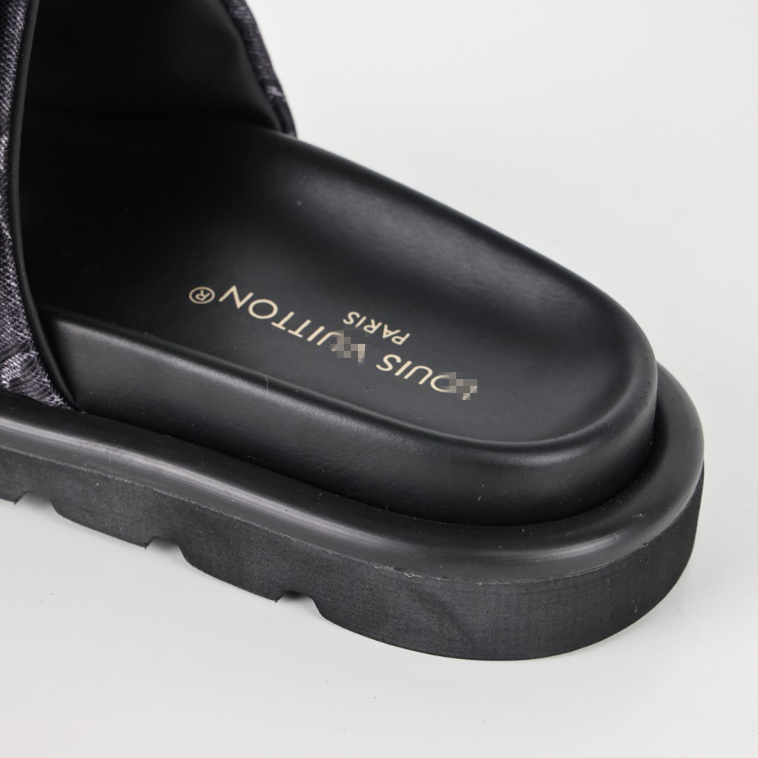 L***V Monogram Embossed Velcro Strap Slide Sandals — All-Black Wide Band Pool Beach Slippers (8 Colors)