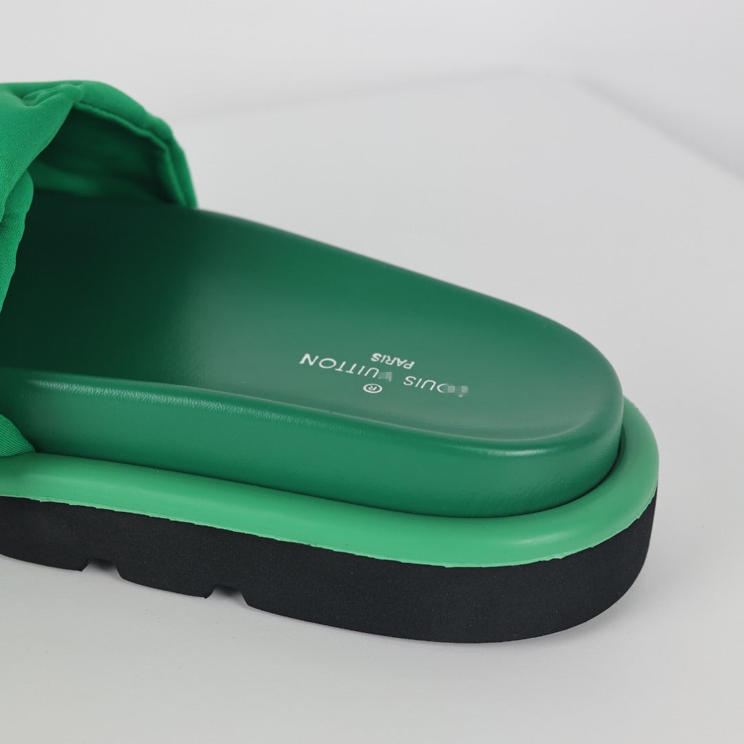 L***V Kelly Green Tonal Monogram Puffy Quilted Wide Strap Platform Slide Sandals — 2024 Spring Summer Boutique Limited Edition