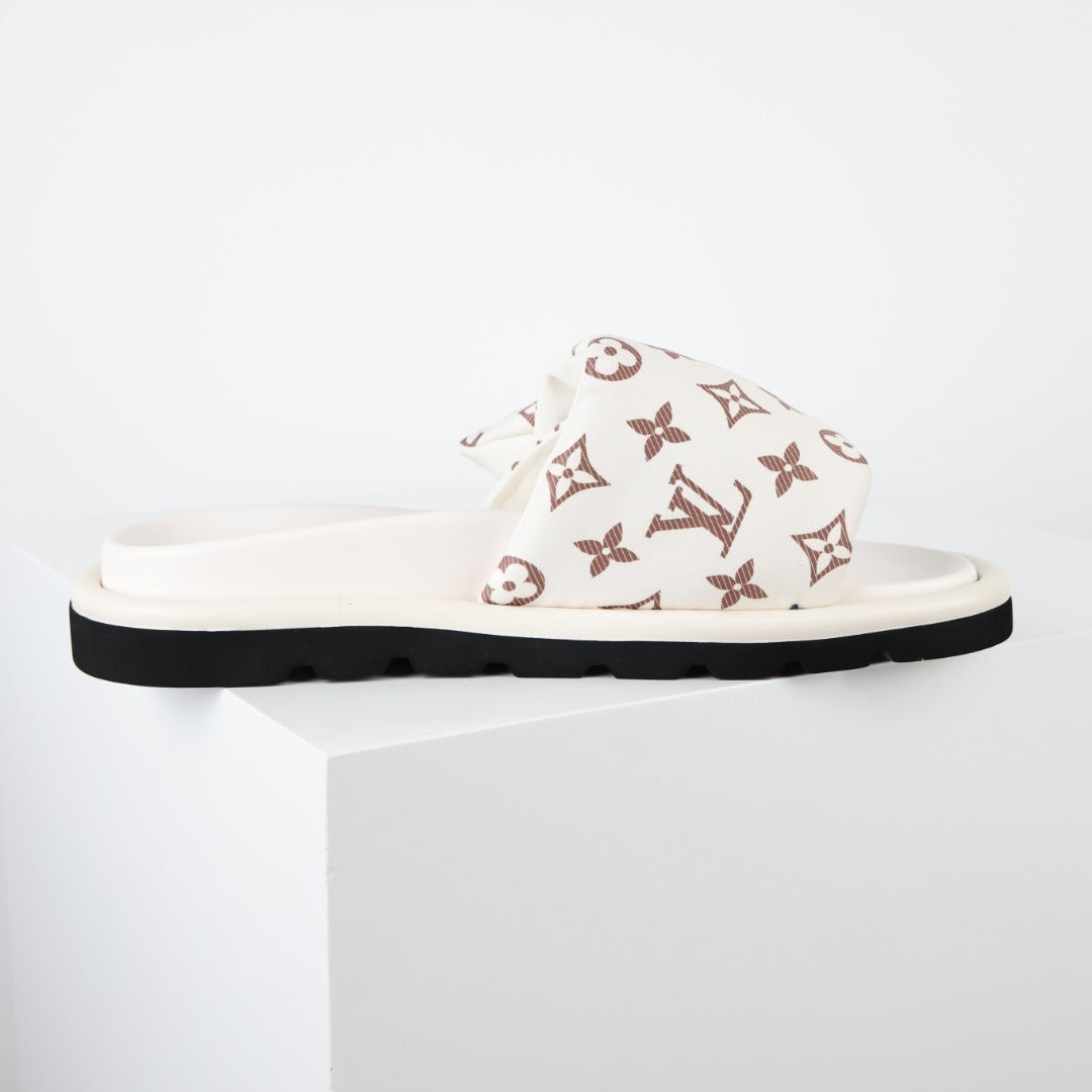 L***V Monogram Canvas Velcro Strap Slide Sandals — SS24 Cream Wide Band Slip-On Pool Beach Slippers (4 Colors)