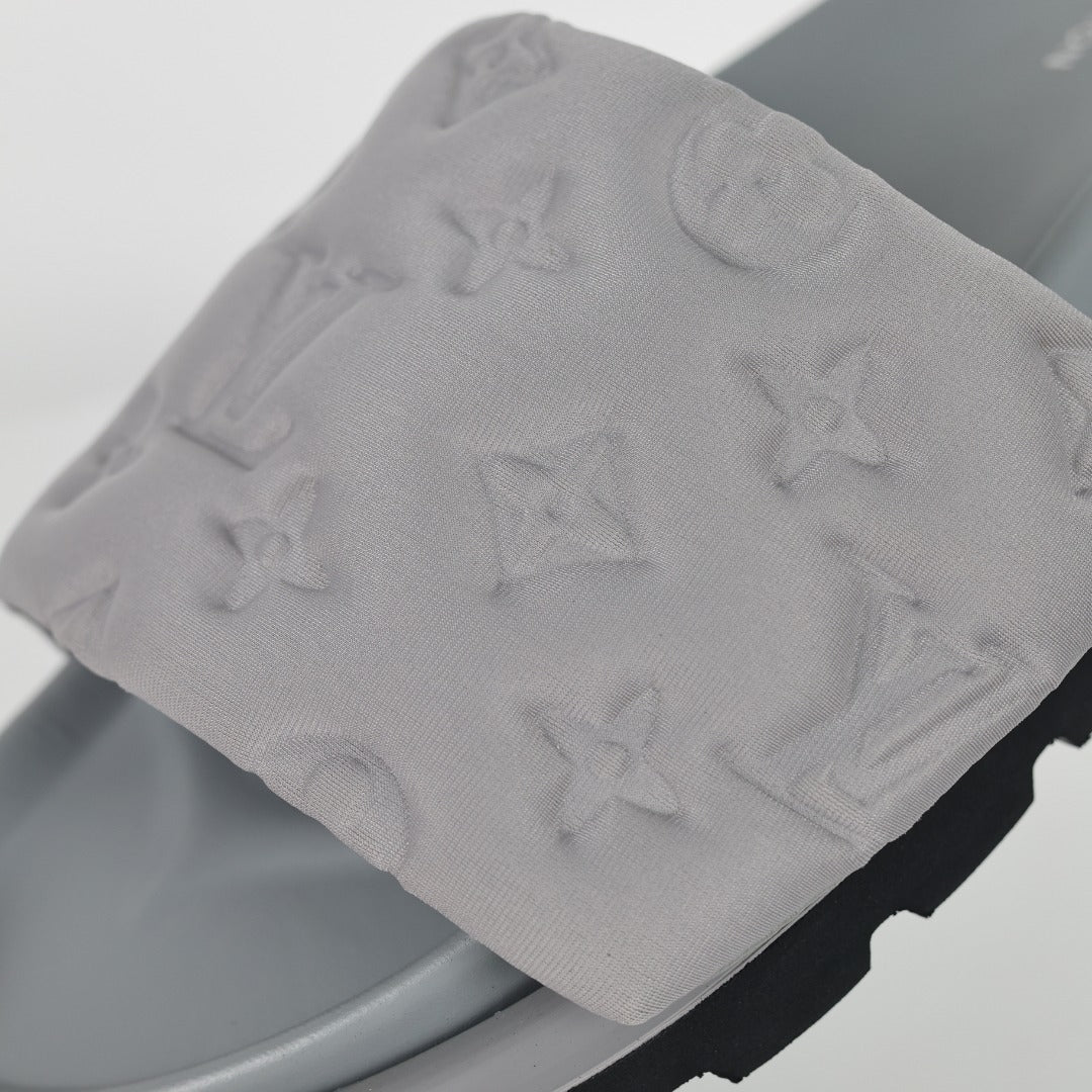 L***V Light Grey Tonal Embossed Monogram Wide Strap Flat Slide Sandals — 2024 Spring Summer Boutique Limited Edition