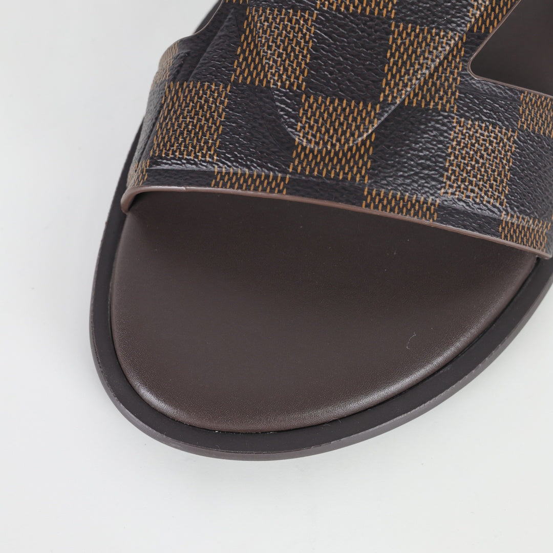 L***V Dark Brown Damier Ebene Embossed Leather H-Strap Multi-Band Oasis Flat Slide Sandals — Spring Summer Boutique Limited Edition