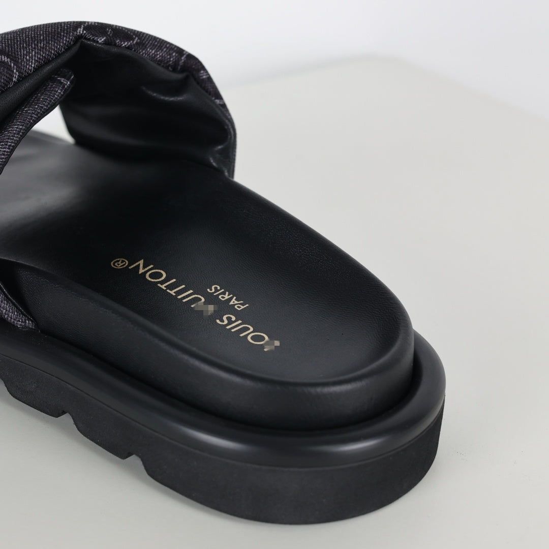 L***V All-Black Embossed Monogram Leather Wide Strap Platform Slide Sandals — Spring Summer Boutique Limited Edition