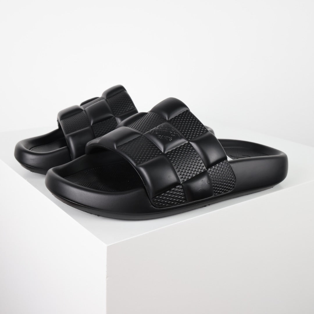L***V Double Strap Slide Sandals — Embossed Waterproof Rubber Pool Beach Slippers (4 Colors)