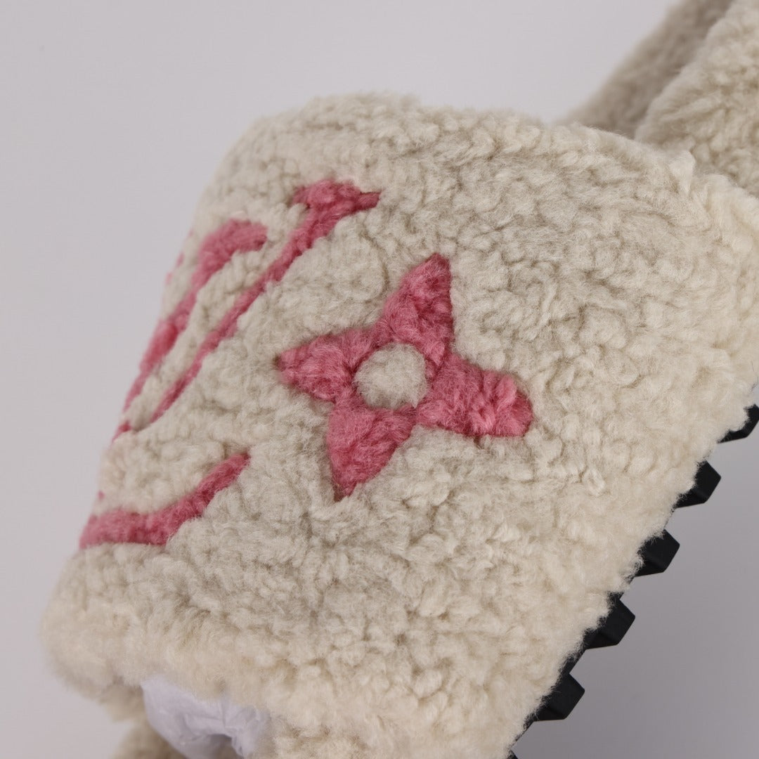 L***V Dark Chocolate Brown Tonal Monogram Shearling Lambswool Double Strap Slide Sandals — Autumn Winter Boutique Limited Edition