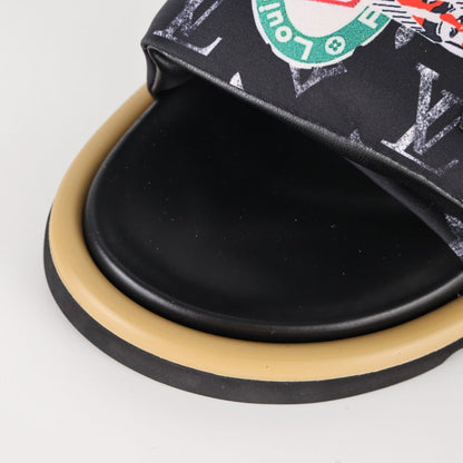 L***V Monogram Eclipse Black Multicolor Badge Patch Wide Strap Slide Sandals — Spring Summer Boutique Limited Edition