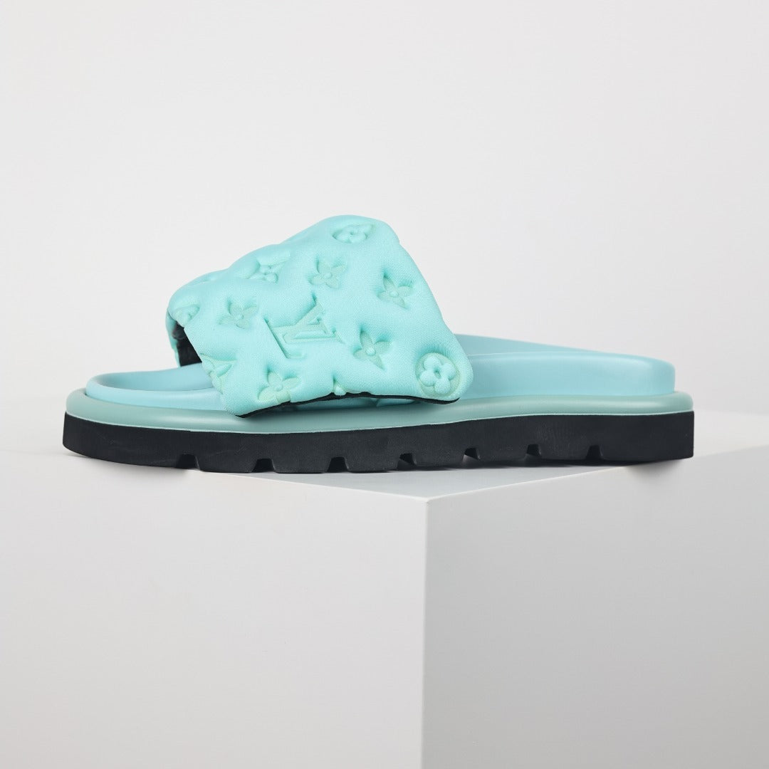 L***V Mint Green Tonal Monogram Puffy Quilted Wide Strap Platform Slide Sandals — 2024 Spring Summer Boutique Limited Edition