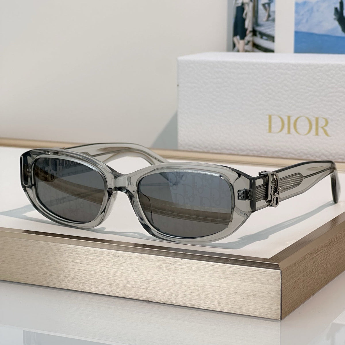 D**R Slim Rectangular Oval Sunglasses with Thick Glossy Black Acetate Frame, Dark Grey Lenses & Gold CD Script Logo Hardware