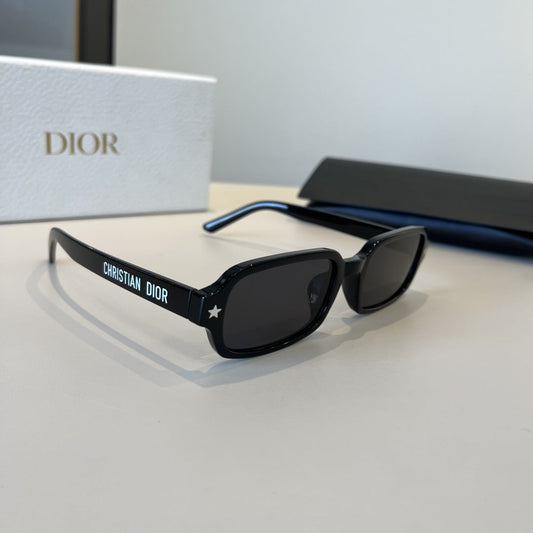 D**R Narrow Rectangle Sunglasses | Glossy Black Acetate Frame, Star Detail & Dark Lenses