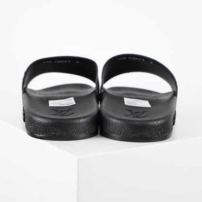 L***V White Multicolor Circular Badge Travel Sticker Print Waterfront Wide Strap Slide Sandals — Spring Summer Boutique Limited Edition