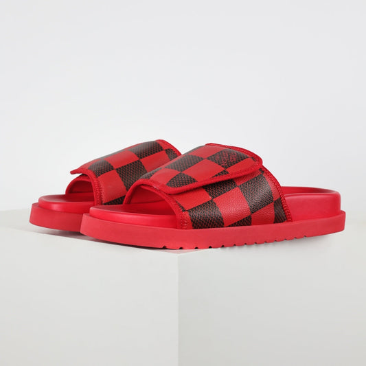 L***V Scarlet Red Dark Brown Damier Checkerboard Velcro Adjustable Wide Strap Miami Slide Sandals — Spring Summer Boutique Limited Edition