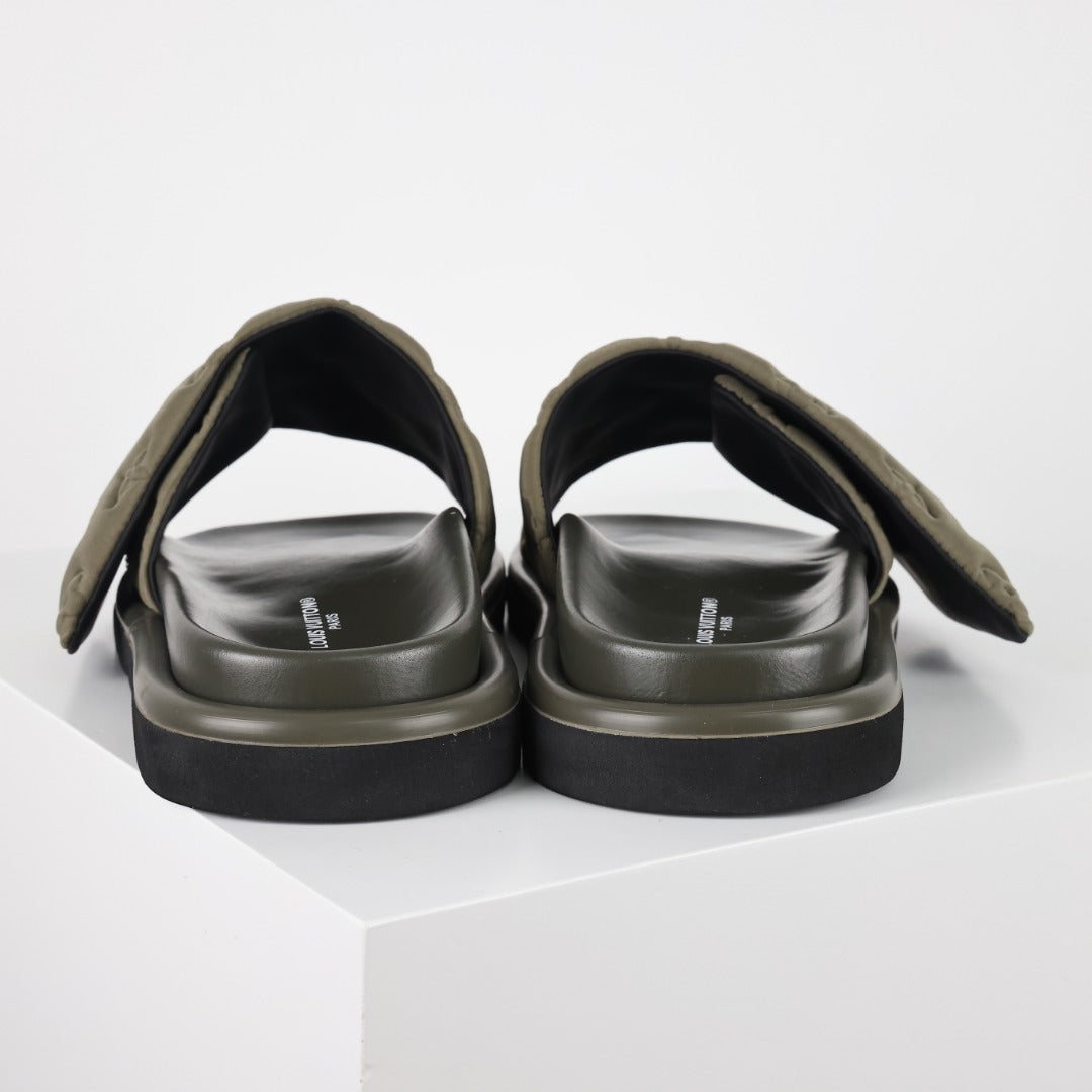 L***V Monogram Embossed Velvet Slide Sandals — Tonal Wide Band Slip-On Pool Beach Slippers (5 Colors)