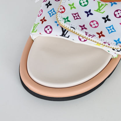 L***V White Multicolor Monogram Gold Zipper Bow Wide Strap Pool Pillow Slide Sandals — Spring Summer Boutique Limited Edition