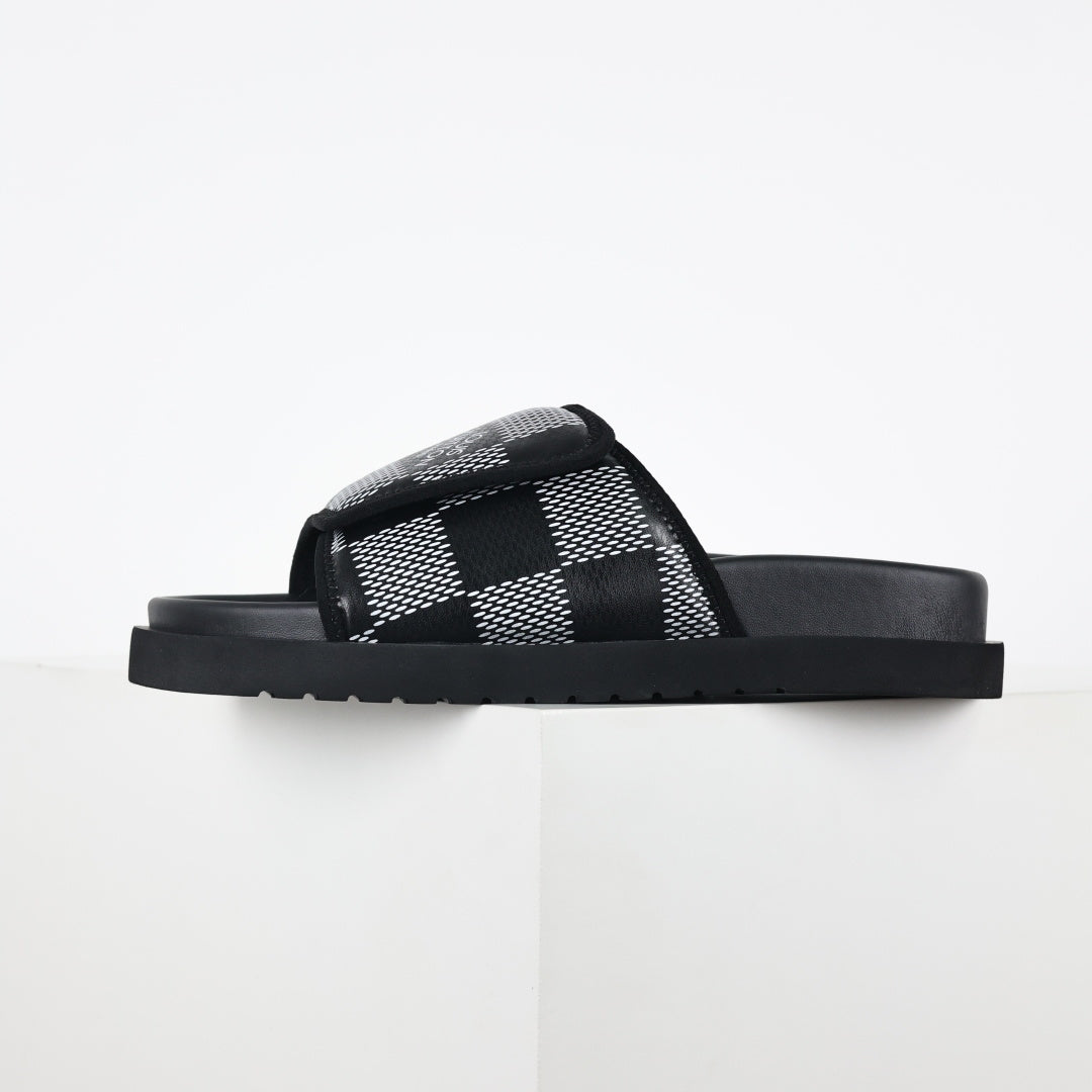 L***V Damier Graphite Black White Grey Woven Jacquard Pillow Slip-On Wide Strap Miami Slide Sandals — Spring Summer Boutique Limited Edition