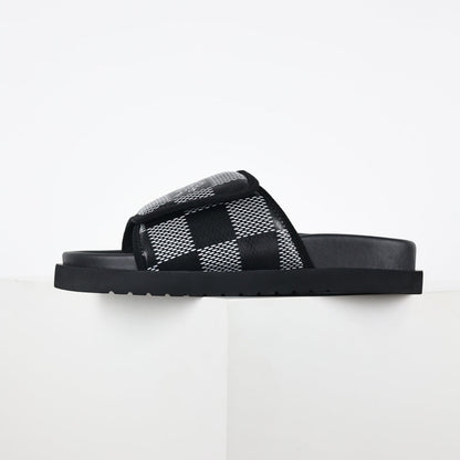 L***V Damier Graphite Black White Grey Woven Jacquard Pillow Slip-On Wide Strap Miami Slide Sandals — Spring Summer Boutique Limited Edition