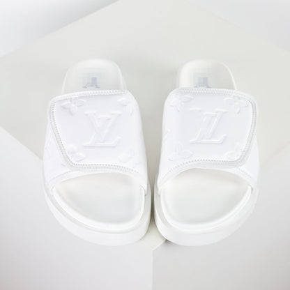 L***V Ivory White Inflated Pillow Leather Twisted Bow Ruched Strap Miami Slide Sandals — Spring Summer Boutique Limited Edition