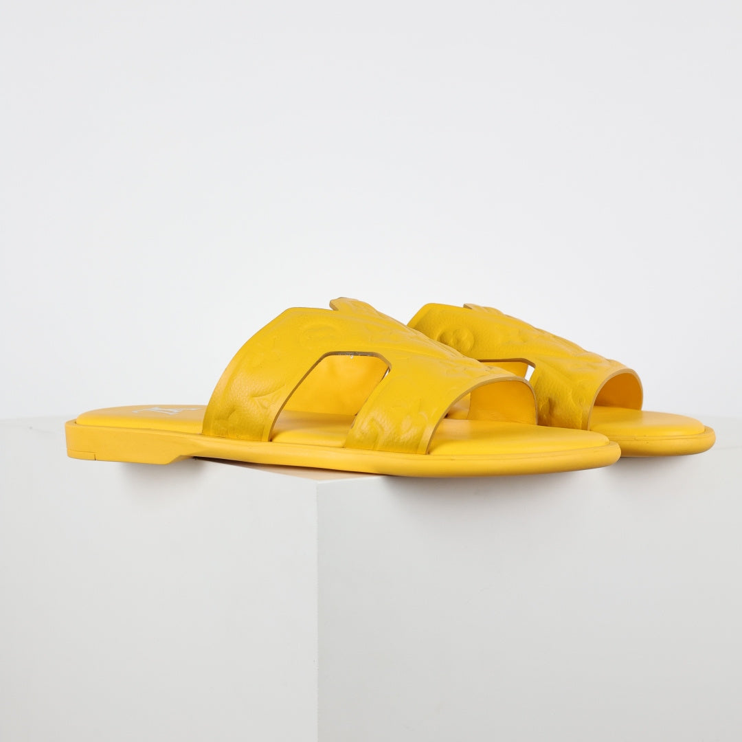 L***V Lemon Yellow Smooth Leather H-Strap Multi-Band Oasis Flat Slide Sandals — Spring Summer Boutique Limited Edition