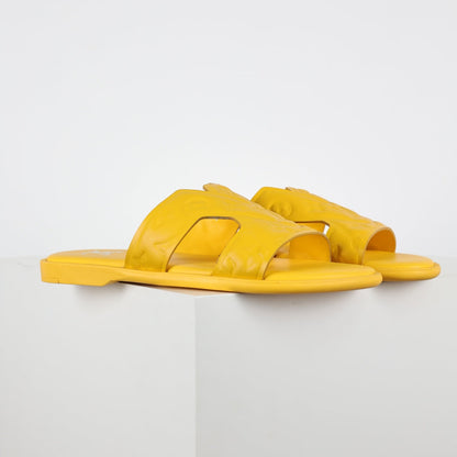 L***V Lemon Yellow Smooth Leather H-Strap Multi-Band Oasis Flat Slide Sandals — Spring Summer Boutique Limited Edition