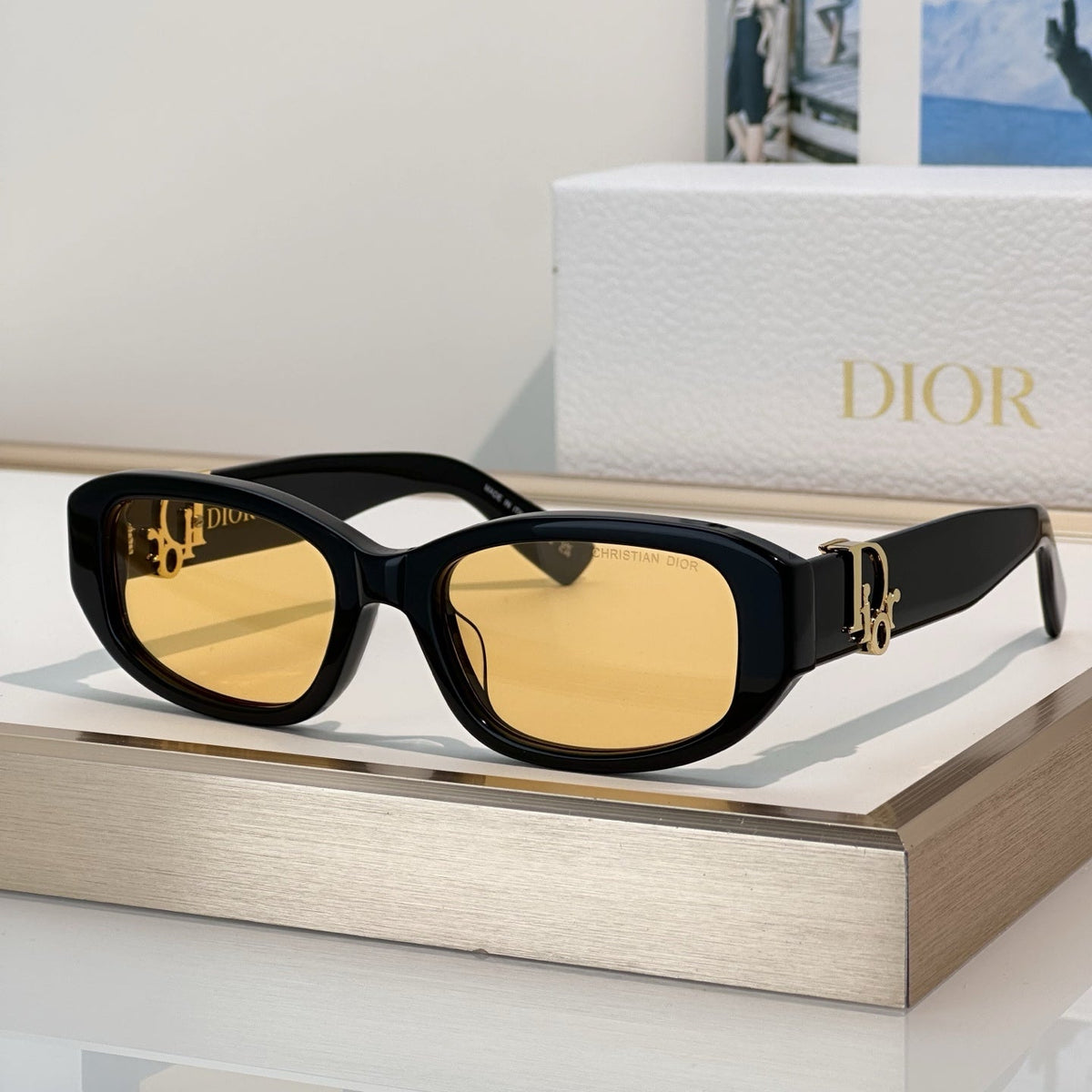 D**R Slim Rectangular Oval Sunglasses with Thick Glossy Black Acetate Frame, Dark Grey Lenses & Gold CD Script Logo Hardware