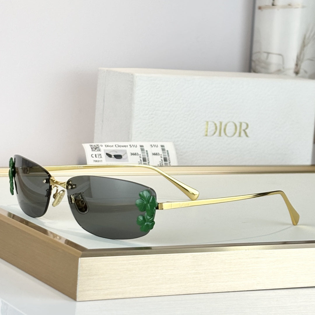 D**R Clover S1U Rimless Sunglasses | Gold Metal Frame, Dark Green Floral Detail & Grey Lenses