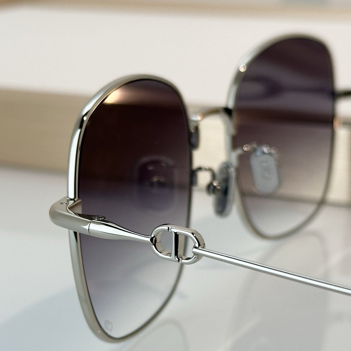 D**R Oversized Square Metal Wire Frame Sunglasses with Polished Silver Frame, Grey Lavender Gradient Lenses & CD Monogram Detail