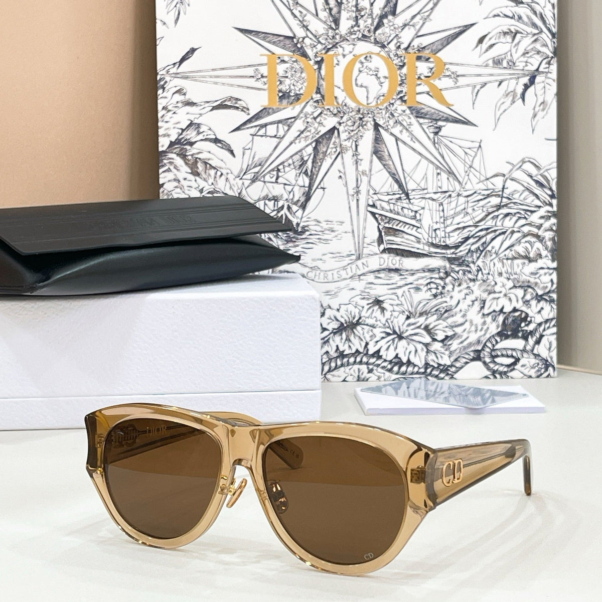 D**R Oversized Pilot Sunglasses with Glossy Black Acetate Frame, Brown Gradient Lenses & Gold CD Logo Hardware