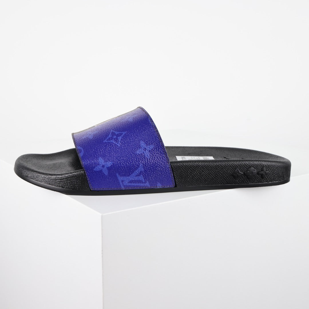 L***V Brown Monogram Cobalt Blue Split Colorblock Waterfront Wide Strap Slide Sandals — Spring Summer Boutique Limited Edition