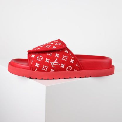L***V Black White Monogram Woven Jacquard Slip-On Wide Strap Miami Slide Sandals — Spring Summer Boutique Limited Edition