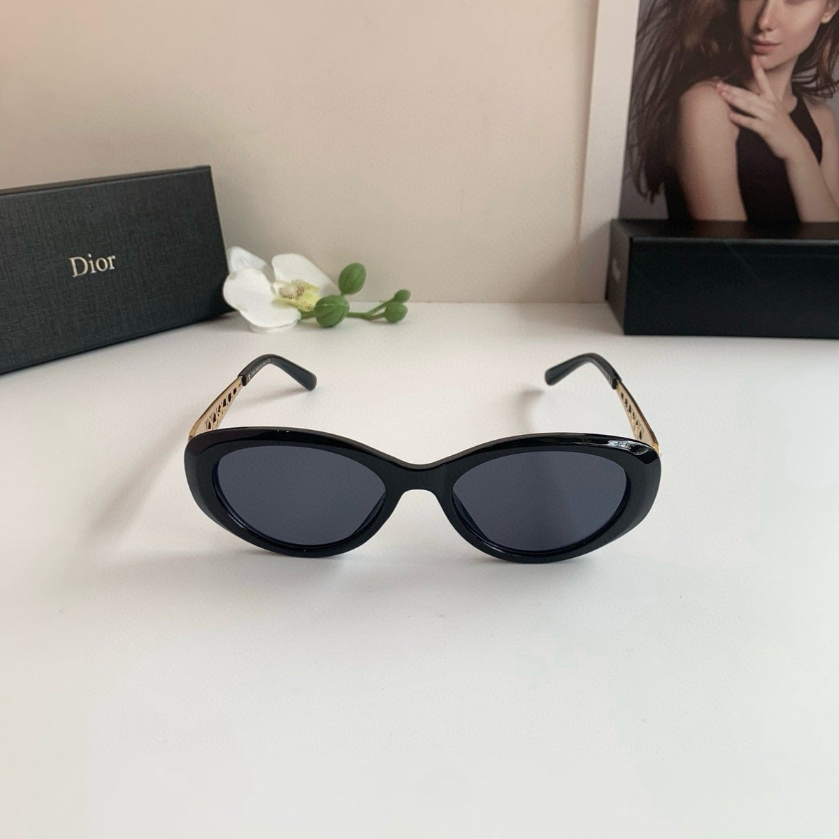 D**R Oval Sunglasses with Glossy Black Acetate Frame, Dark Grey Lenses & Gold Filigree Pearl Embellished Temple Hardware