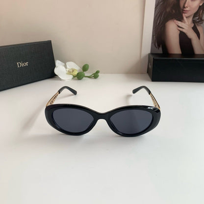 D**R Oval Sunglasses with Glossy Black Acetate Frame, Dark Grey Lenses & Gold Filigree Pearl Embellished Temple Hardware