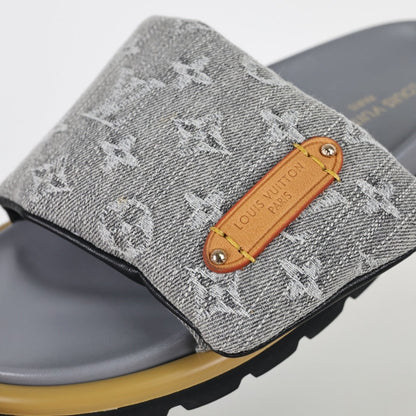 L***V Grey Denim Monogram Canvas Leather Buckle Strap Wide Band Platform Slide Sandals — Spring Summer Boutique Limited Edition