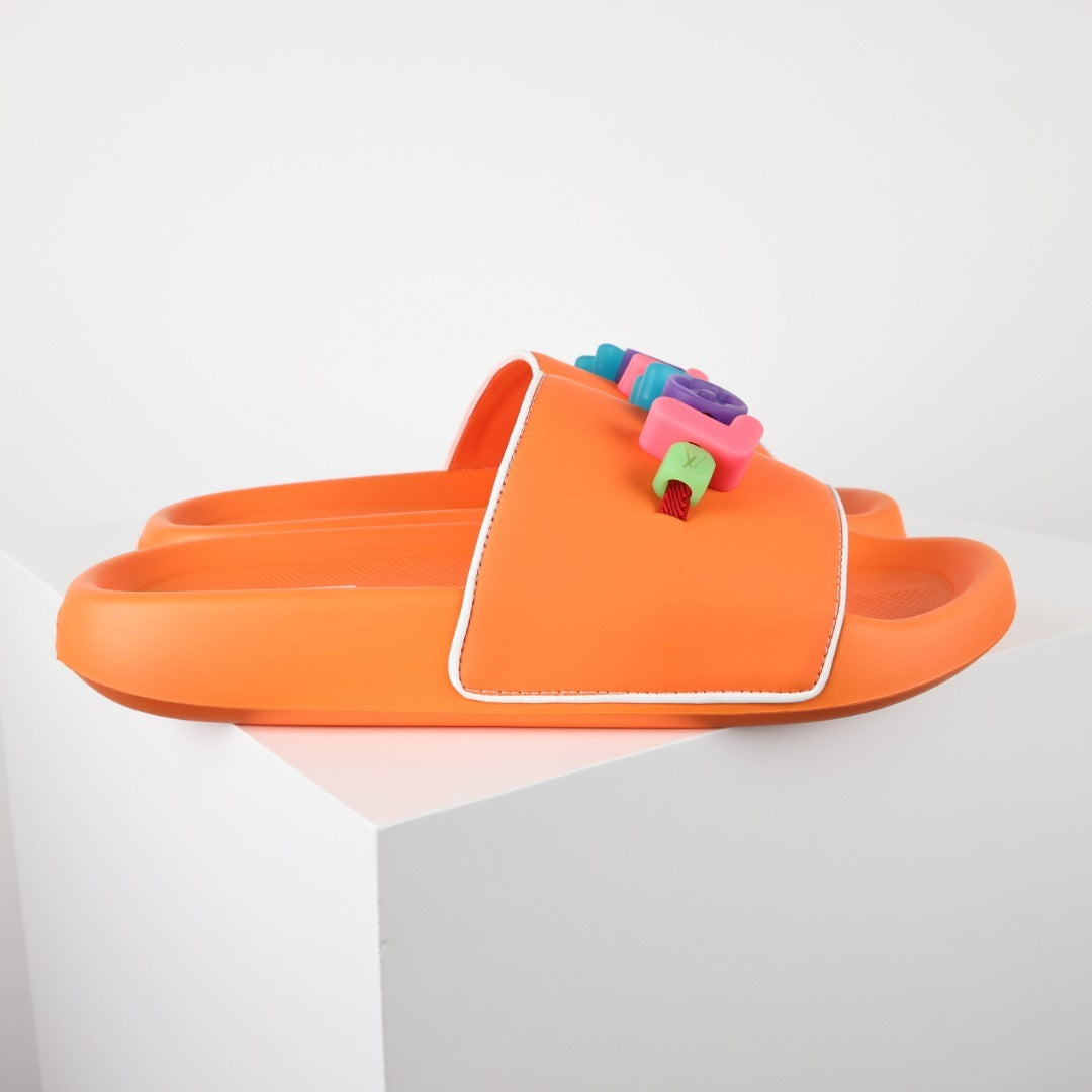 L***V Orange 3D Multicolor Pop Logo Wide Strap Slide Sandals — Spring Summer Boutique Limited Edition
