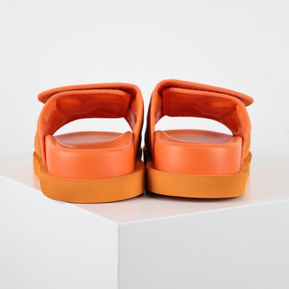L***V Tangerine Orange Inflated Pillow Leather Velcro Adjustable Wide Strap Miami Slide Sandals — Spring Summer Boutique Limited Edition