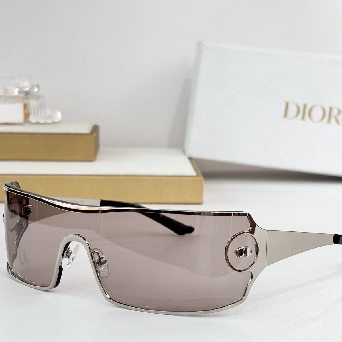 D**R Shield Wraparound Sunglasses | One-Piece Lens, Metal Frame, CD Circle Badge Temple, Silver & Gold | 6 Colors