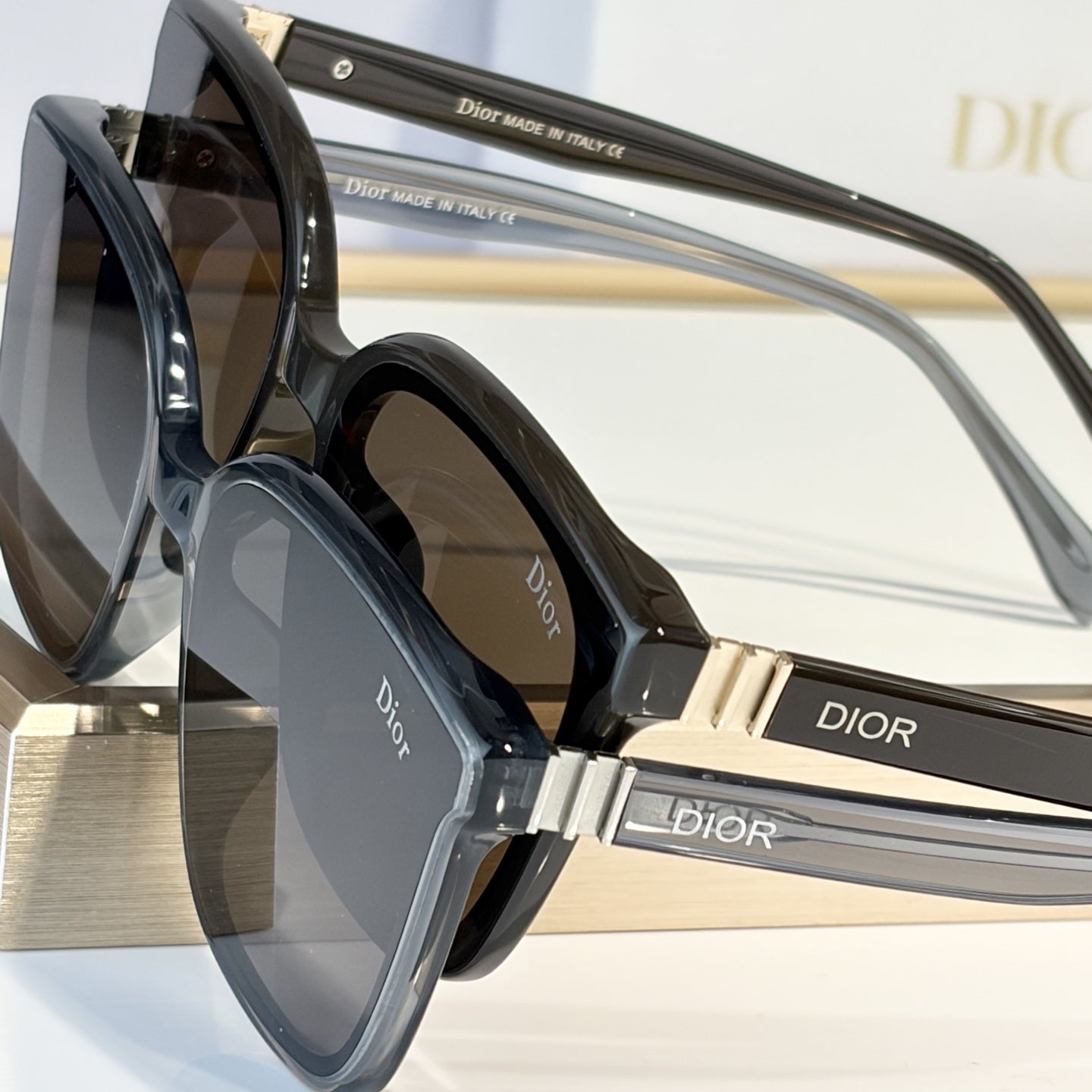 D**R Oversized Square Cat-Eye Sunglasses | Two-Layer Acetate Frame, Triple-Bar Metal Hinge, DIOR Temple Lettering | 4 Colors incl. Black-Blue & Black-Grey