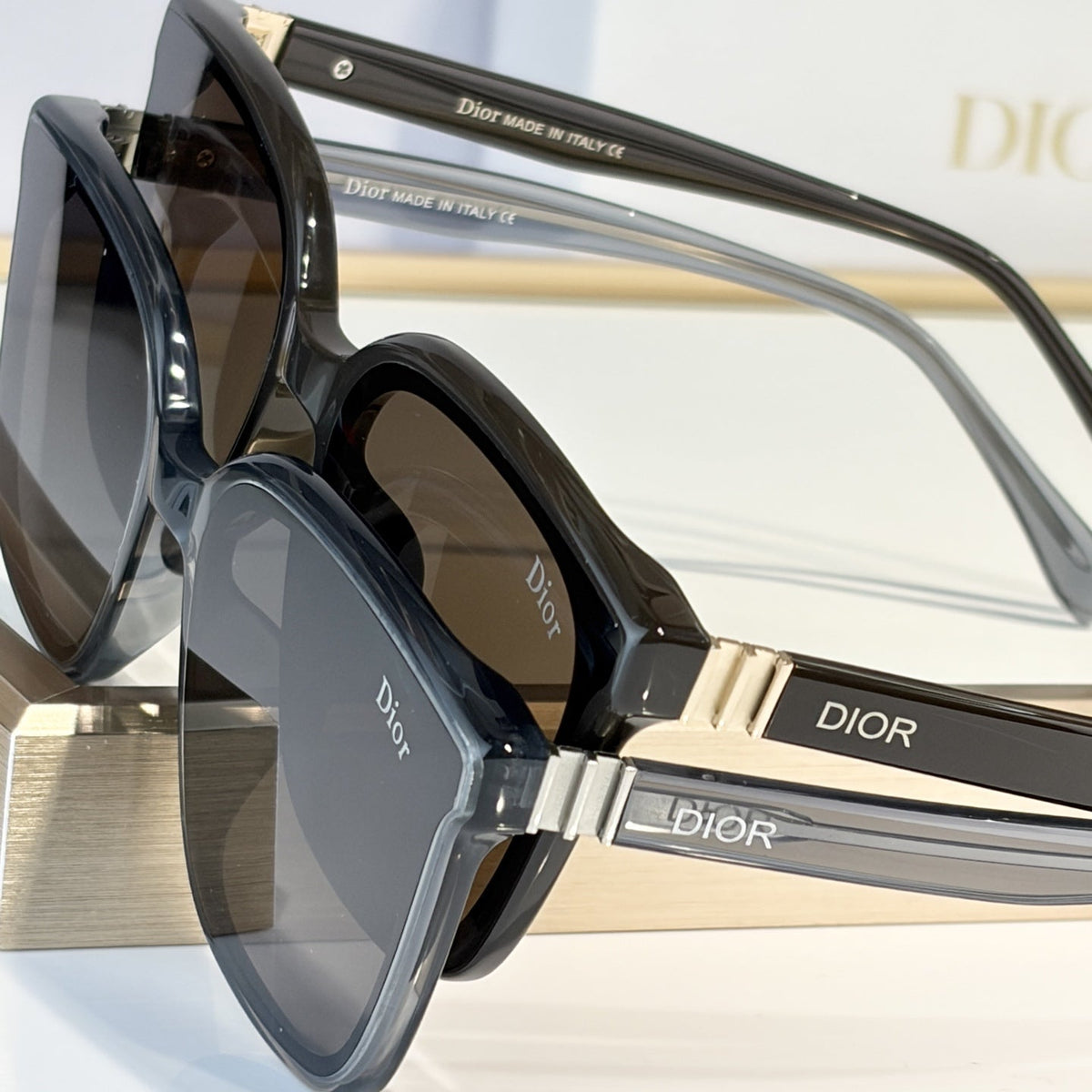 D**R Oversized Square Cat-Eye Sunglasses | Two-Layer Acetate Frame, Triple-Bar Metal Hinge, DIOR Temple Lettering | 4 Colors incl. Black-Blue & Black-Grey