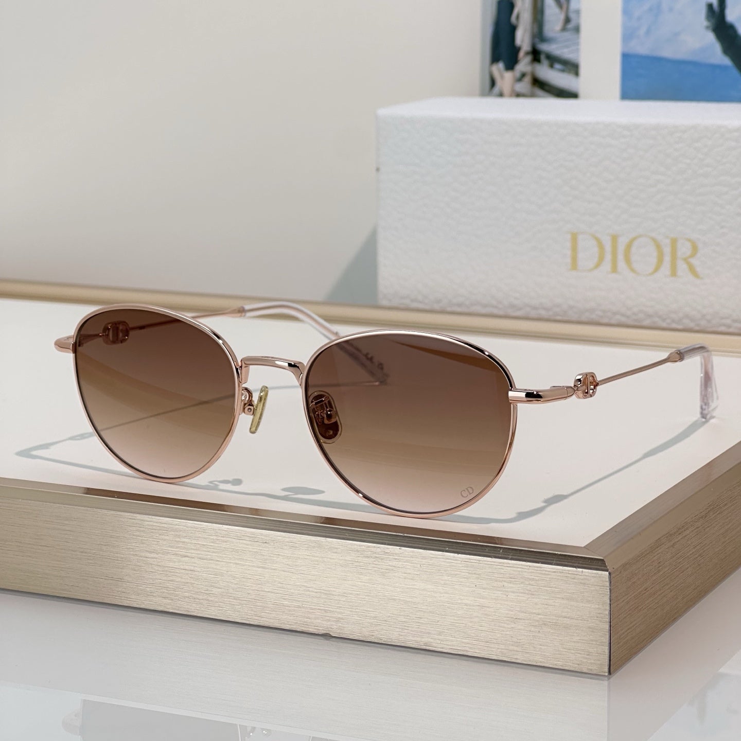 D**R Round Optical Glasses with Slim Rose Gold Metal Wire Frame, Clear Blue Light Lenses & 3D CD Logo Hardware