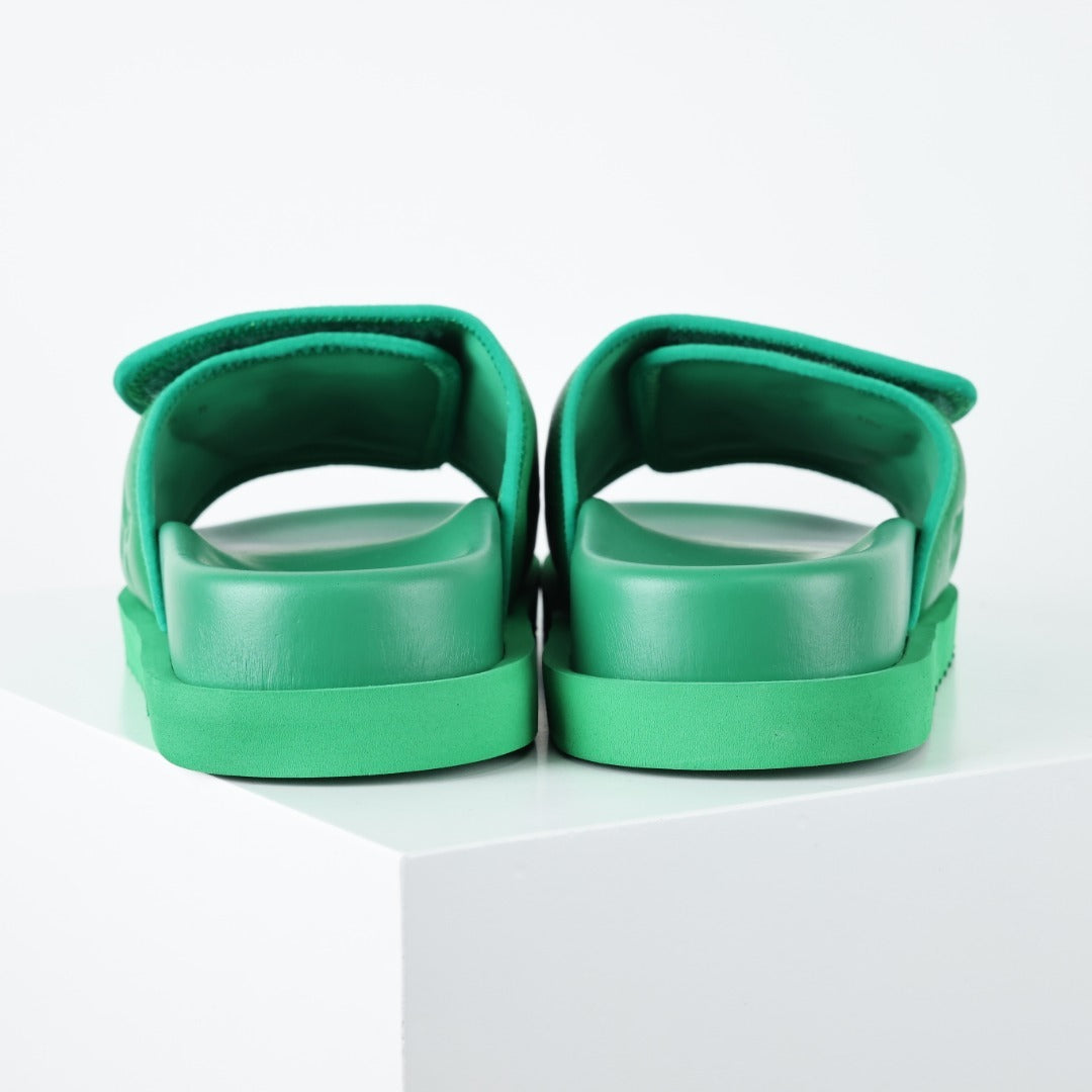 L***V Grass Green Inflated Pillow Leather Velcro Adjustable Wide Strap Miami Slide Sandals — Spring Summer Boutique Limited Edition
