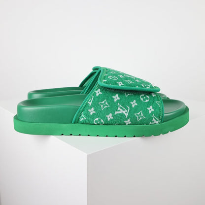 L***V Grass Green Monogram Woven Jacquard Velcro Adjustable Wide Strap Miami Slide Sandals — Spring Summer Boutique Limited Edition