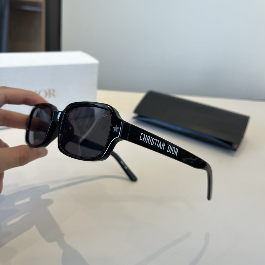 D**R Narrow Rectangle Sunglasses | Glossy Black Acetate Frame, Star Detail & Dark Lenses